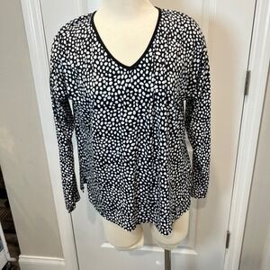 DKNY Womens Black White Polka‎ Dot V Neck Long Sleeve Top Size M